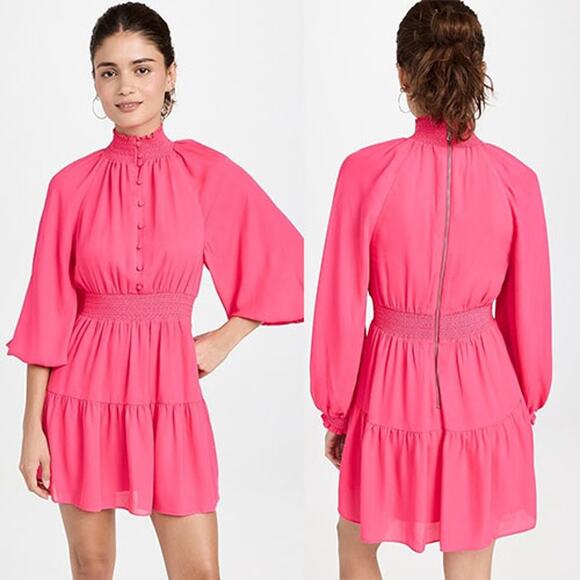 NWT Alice + Olivia Lavinia Smock Crepe Long Sleeve Fit & Flare Pink Mini Dress - Picture 10 of 10